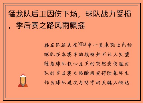 猛龙队后卫因伤下场，球队战力受损，季后赛之路风雨飘摇